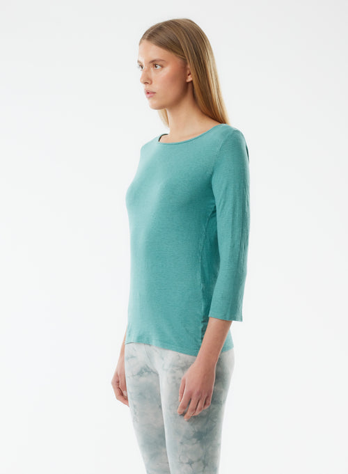 Blue 3/4 Sleeve Boat Neck Linen/Elastane T-shirt - MAJESTIC FILATURES