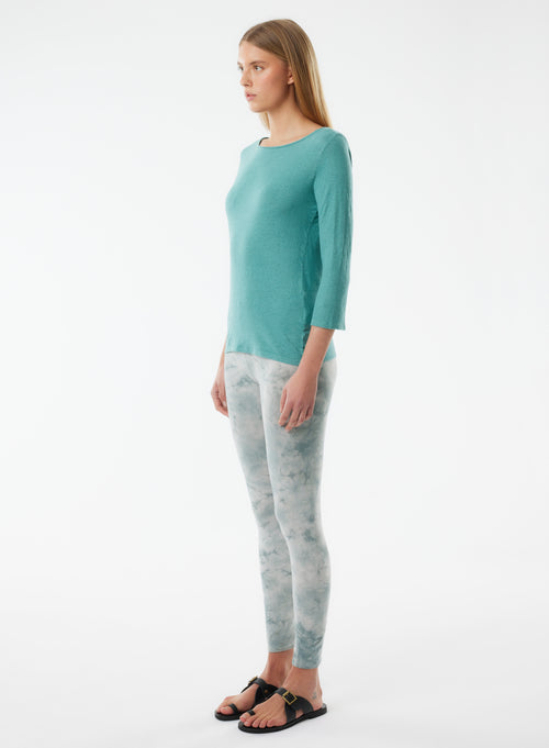 Blue 3/4 Sleeve Boat Neck Linen/Elastane T-shirt - MAJESTIC FILATURES