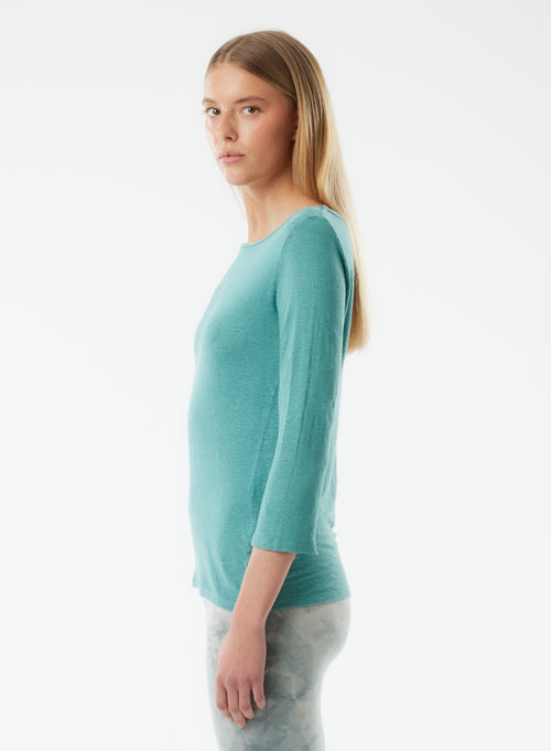 Blue 3/4 Sleeve Boat Neck Linen/Elastane T-shirt - MAJESTIC FILATURES