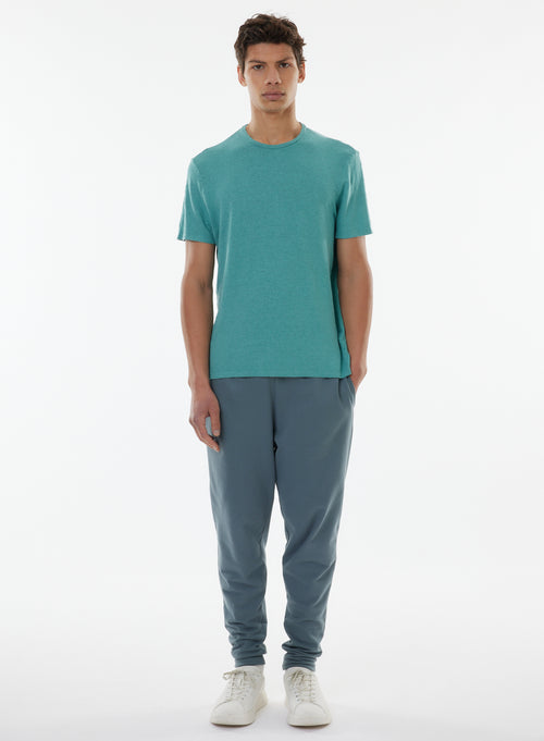 Blue Short Sleeve Round Neck Linen / Elastane T-shirt - MAJESTIC FILATURES