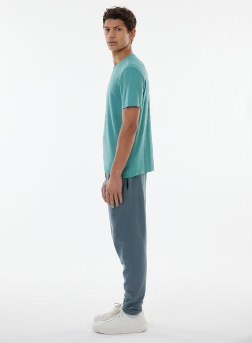 Blue Short Sleeve Round Neck Linen / Elastane T-shirt - MAJESTIC FILATURES