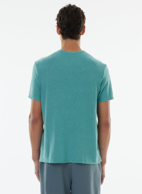 Blue Short Sleeve Round Neck Linen / Elastane T-shirt - MAJESTIC FILATURES