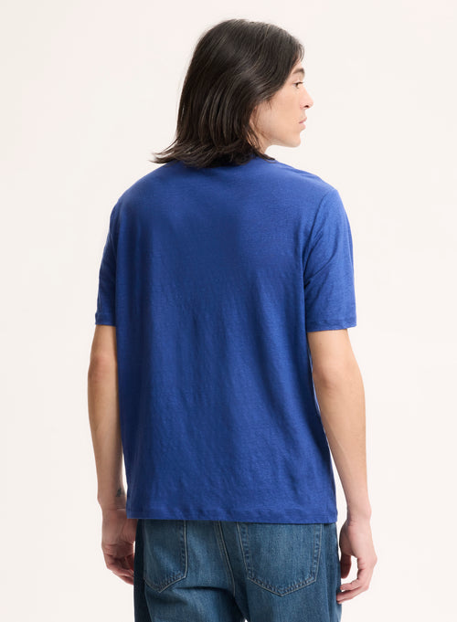 Blue Round Neck Short Sleeve Linen / Elastane Tee-shirt - MAJESTIC FILATURES