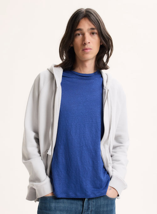 Blue Round Neck Short Sleeve Linen / Elastane Tee-shirt - MAJESTIC FILATURES