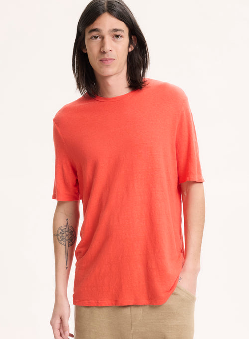 Tee shirt Orange Col Rond Manches Courtes en Lin / Elasthanne - MAJESTIC FILATURES