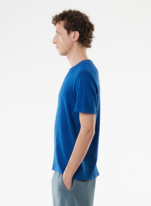 Blue Short Sleeve Round Neck Linen / Elastane T-shirt - MAJESTIC FILATURES