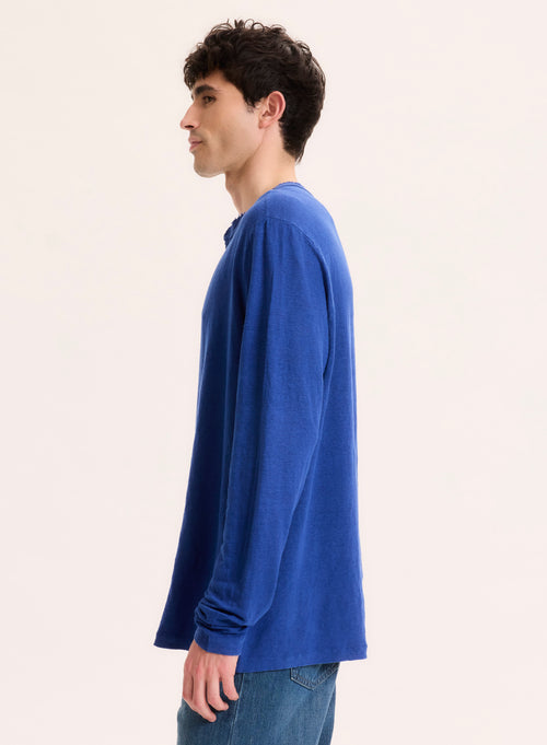 Azul tunecino lino de manga larga / elastano Cuello tunecino - MAJESTIC FILATURES